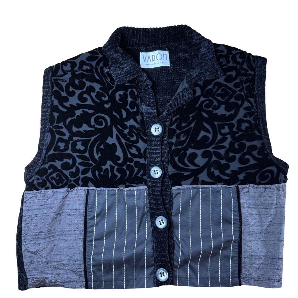 Varon USA Handloomed Mixed Media Sweater Vest Velvet Burnout Pinstripe Black L